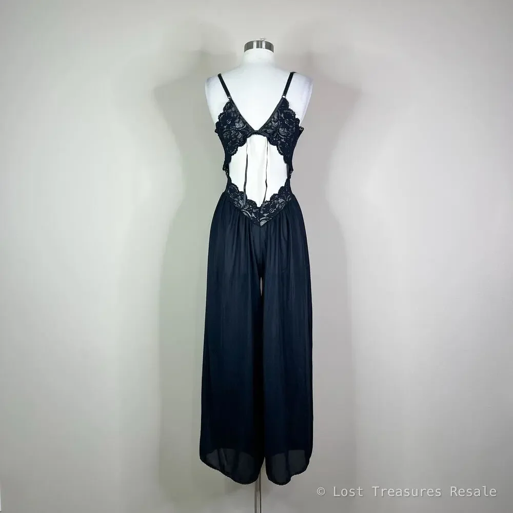 Vintage 80s Andrea Kristoff Escante Black Lace Sheer Wide Leg Lingerie Jumpsuit